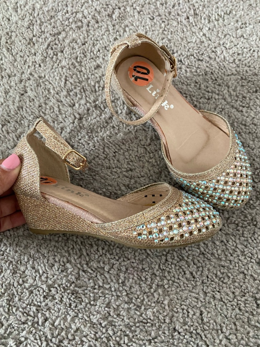 Girls' Gold Glitter Wedge Dress Shoes with Ankle Strap